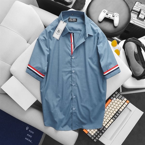 Áo sơ mi tay ngắn vải lụa QC form big size phối dây tay (Mẫu 25) - Ảnh 2
