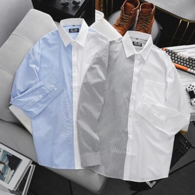 Áo sơ mi tay dài sọc dọc phối thời trang vải lụa oxford cao cấp bigsize nam < 140kg