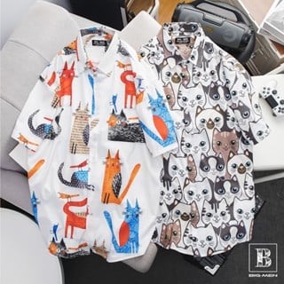 Áo sơ mi tay ngắn họa tiết mèo unisex bigsize nam cỡ đại (mẫu 4)