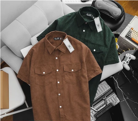 Áo sơ mi tay ngắn unisex phối túi vải nhung tăm thời trang 85-140kg