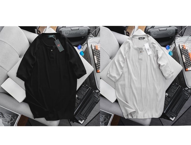 Áo thun cổ tròn vải sọc gân cài nút thời trang (Mẫu 28)