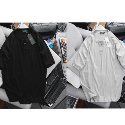 Áo thun cổ tròn vải sọc gân cài nút thời trang (Mẫu 28)