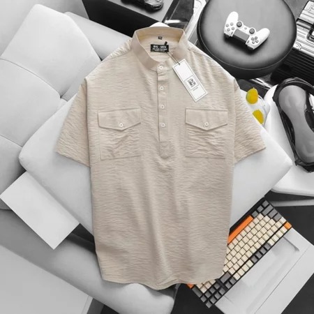 Áo sơ mi tay ngắn cổ tàu có túi vải đũi bigsize nam cỡ đại < 140kg - tròng cổ túi - Ảnh 2
