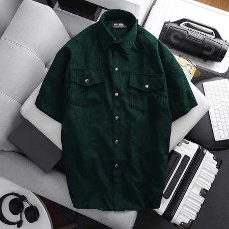 Áo sơ mi tay ngắn unisex phối túi vải nhung tăm thời trang 85-140kg - Ảnh 2