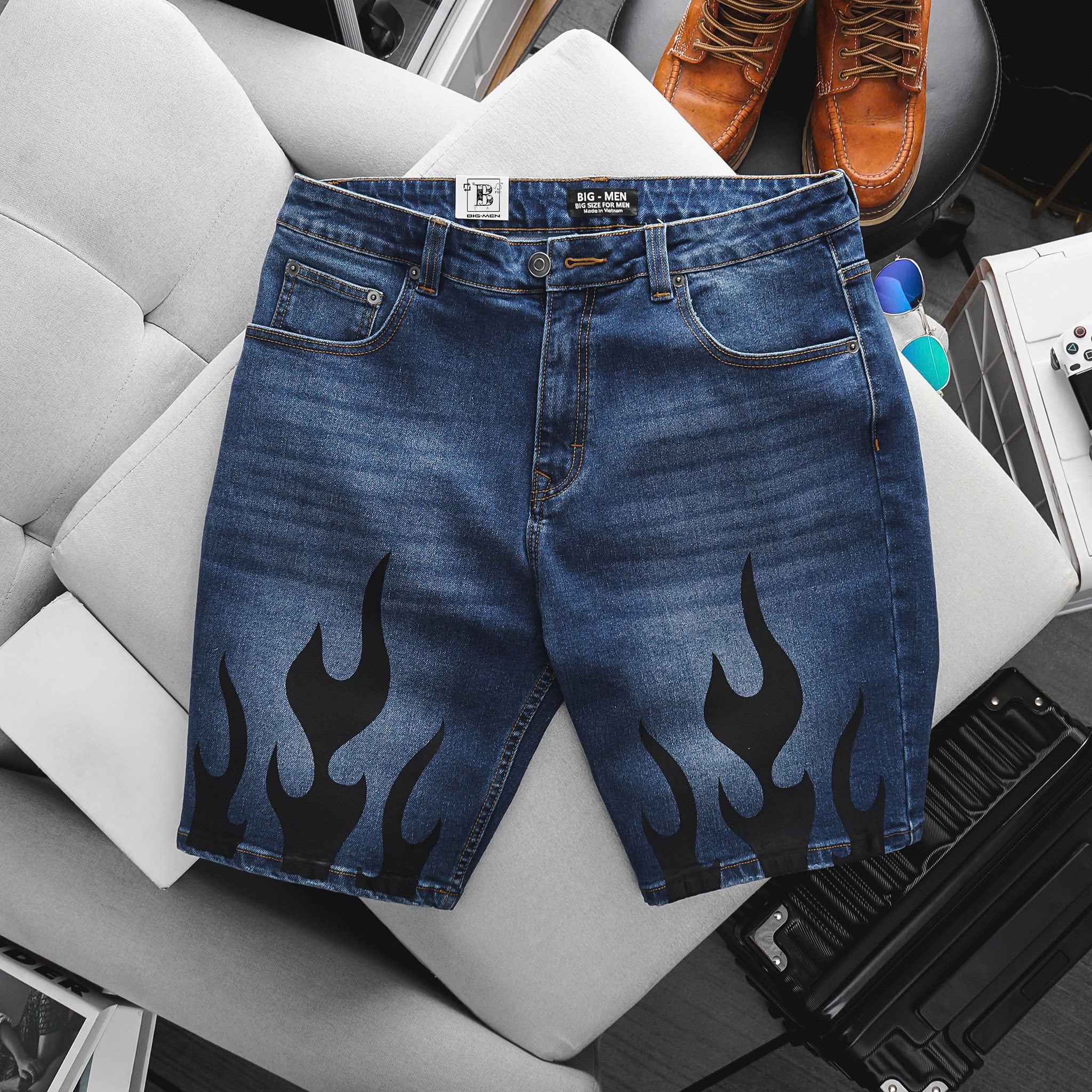 Quần short jean tông xanh lửa đen thời trang bigsize nam cỡ đại < 140kg