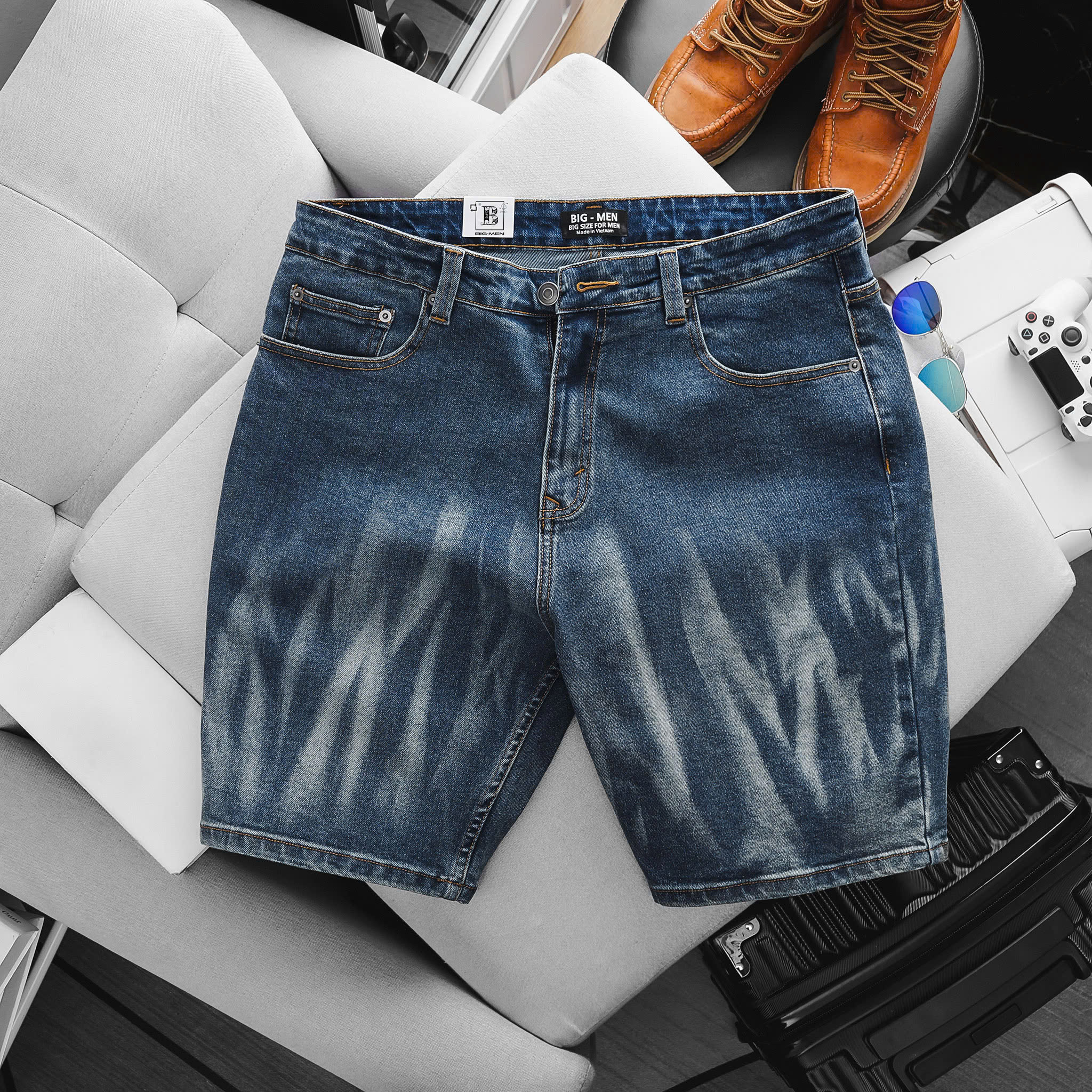 Quần short jean tông xanh wash thời trang bigsize nam cỡ đại < 140kg - Ảnh 2