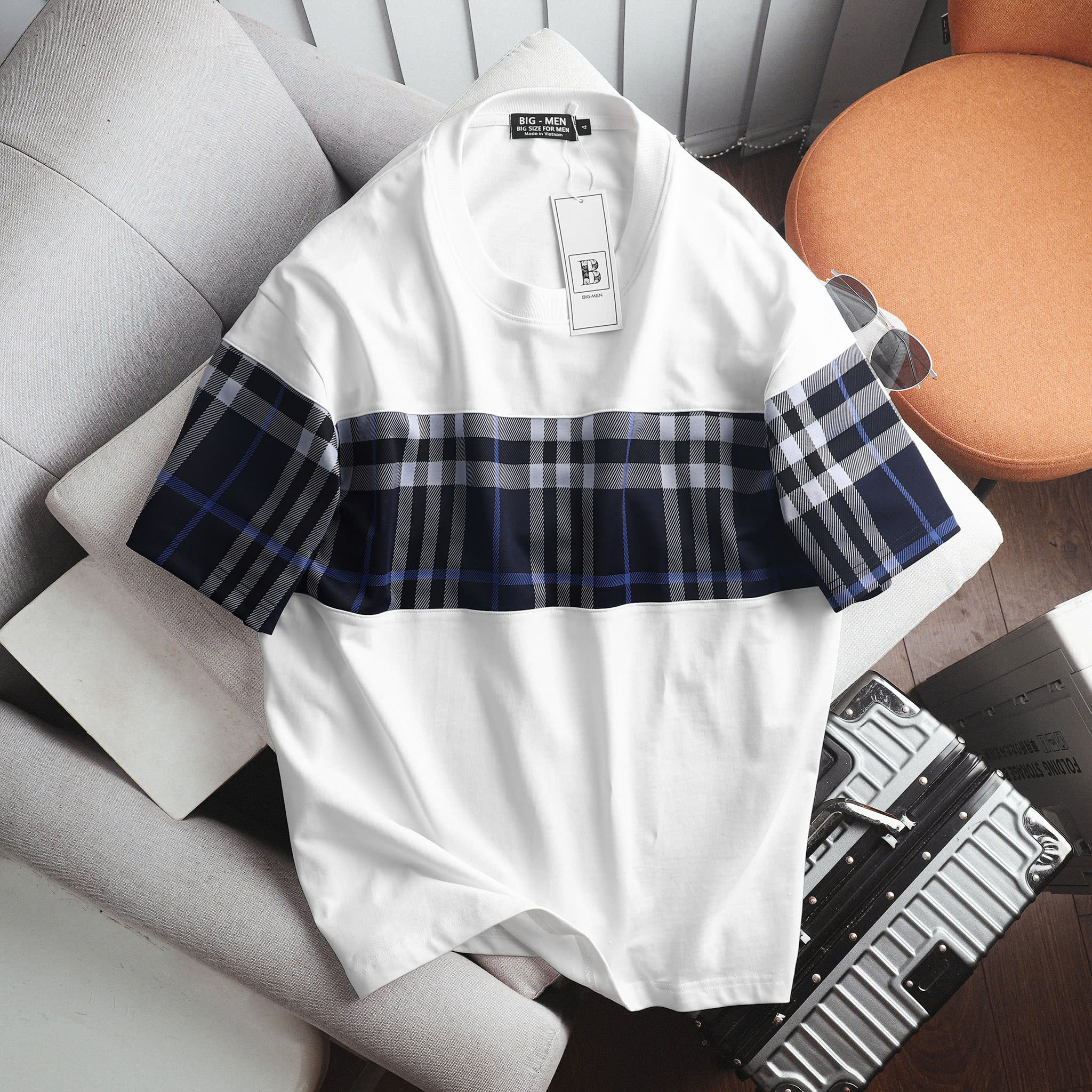 Áo thun chất cotton màu trắng phối caro cực sang bigsize nam< 140 kg