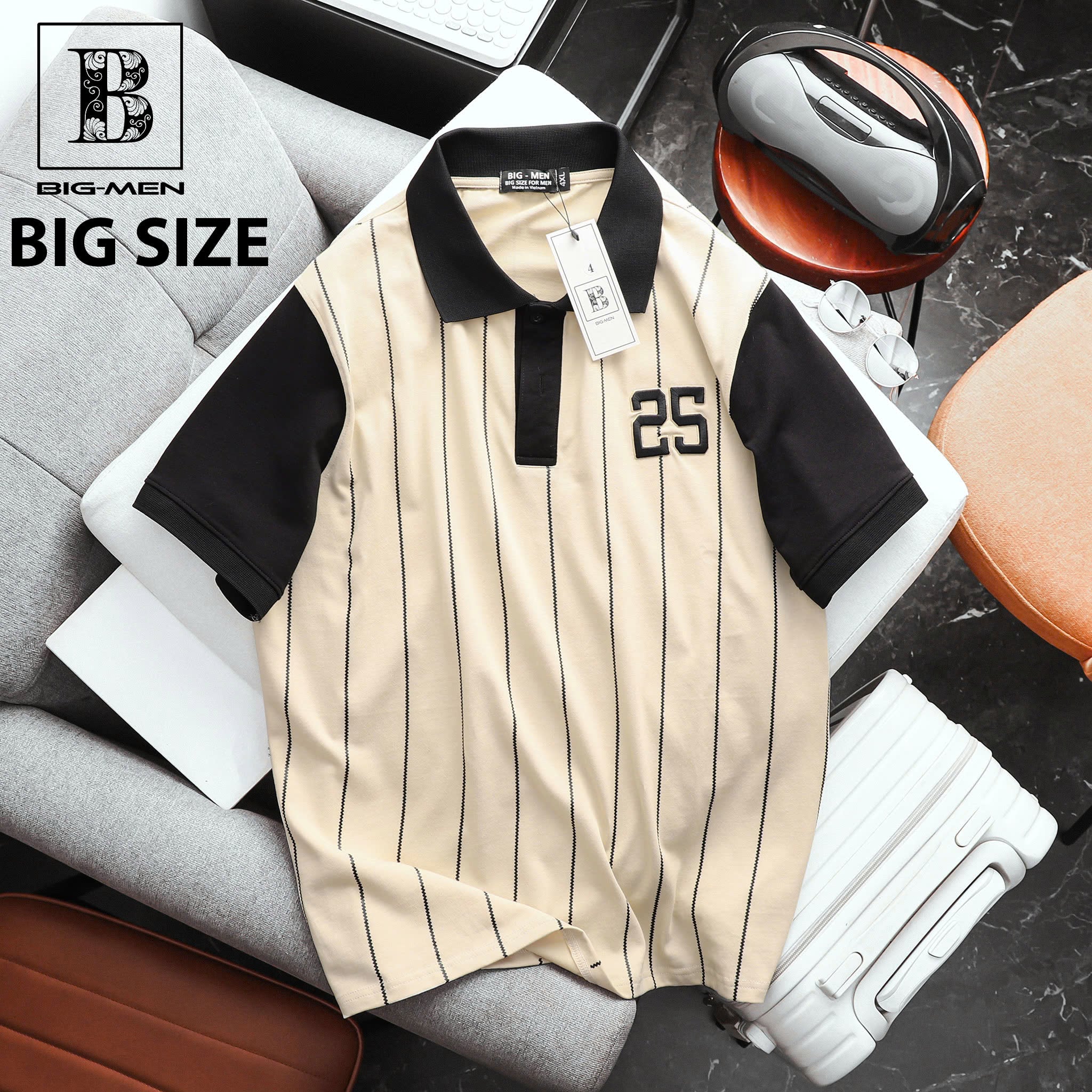 Áo thun polo cotton thêu số 25 phối sọc dọc thời trang bigsize nam< 135 kg