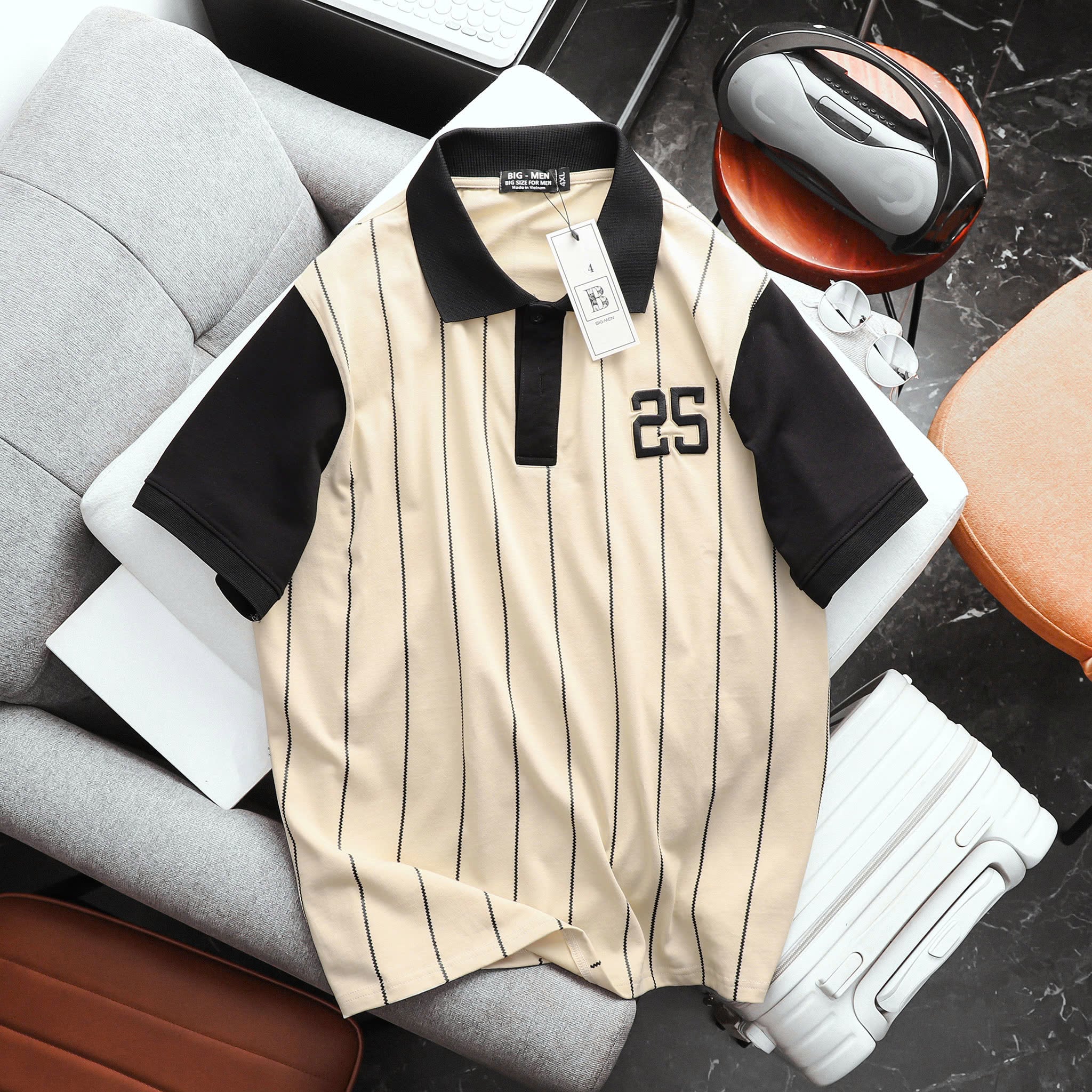Áo thun polo cotton thêu số 25 phối sọc dọc thời trang bigsize nam< 135 kg - Ảnh 2