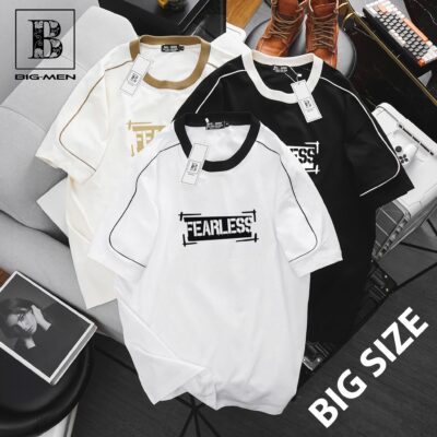 [ Big Men] Áo thun cotton phối sọc viền sọc tay in Fearless thời trang bigsize nam 85- 135 kg