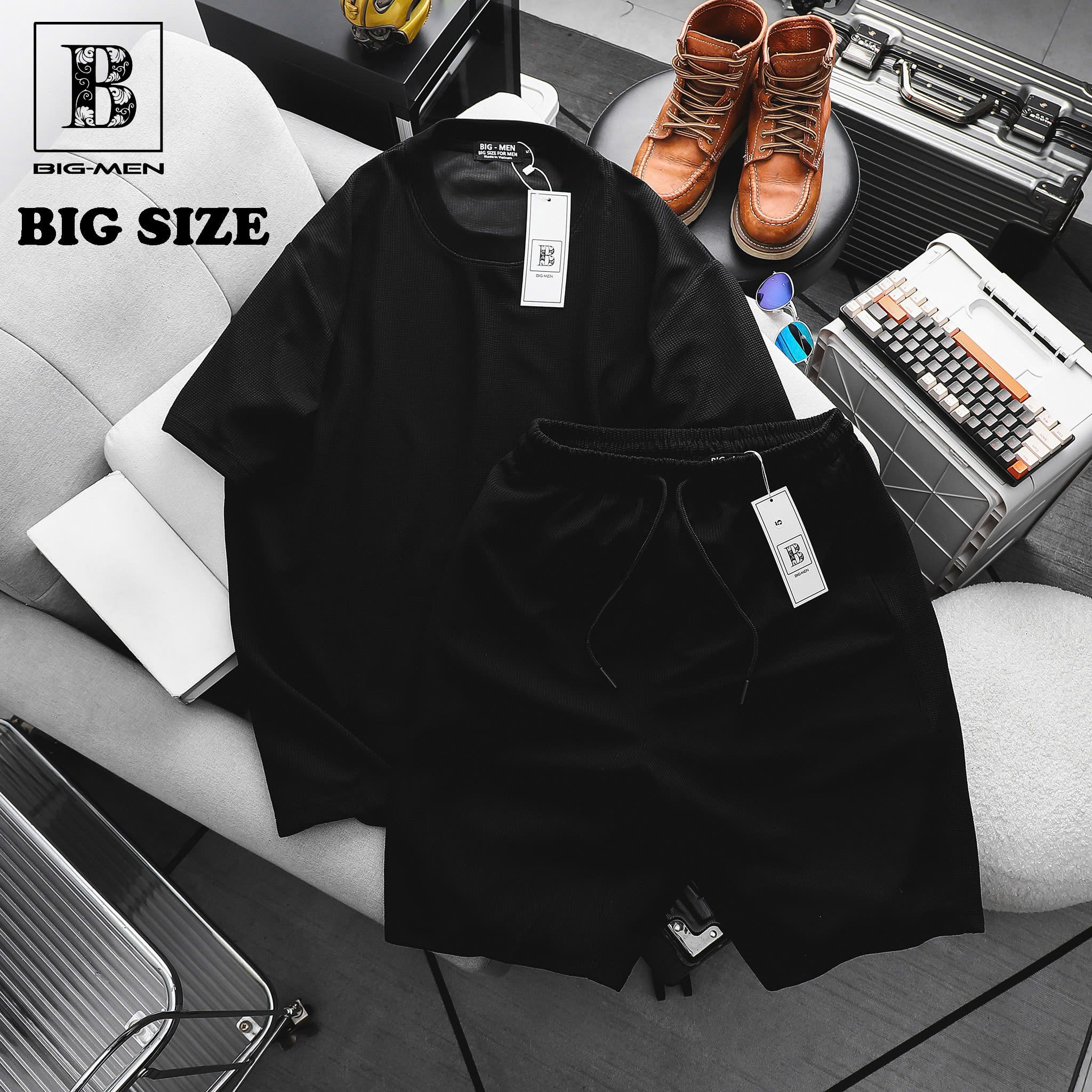 Big Men- Set bộ quần áo chất vải tổ ong thoáng mát thời trang mùa hè big size nam 80- 125 kg