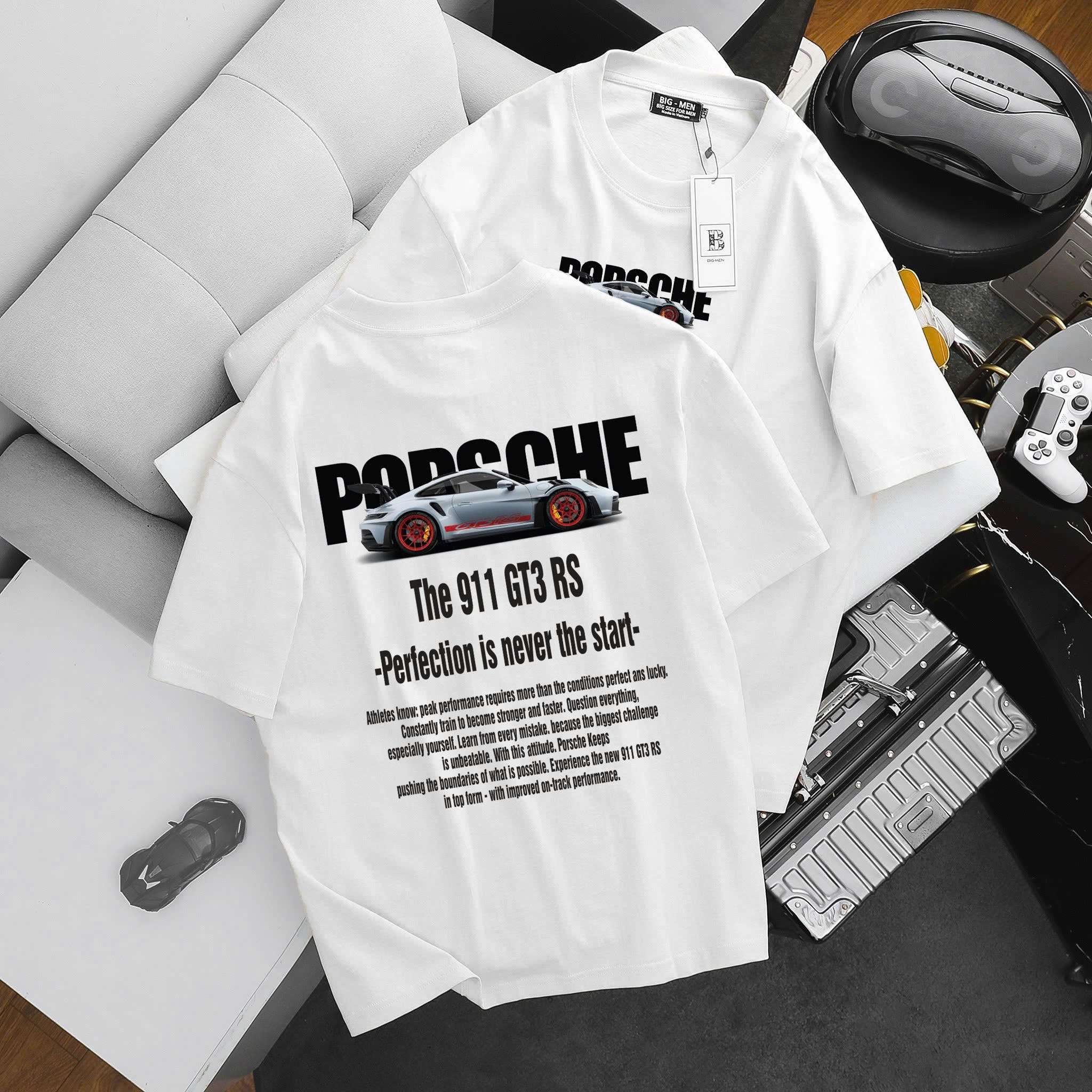 Big Men- Áo thun cotton bigsize nam in xe Porsche hai mặt thời trang 85- 135 kg