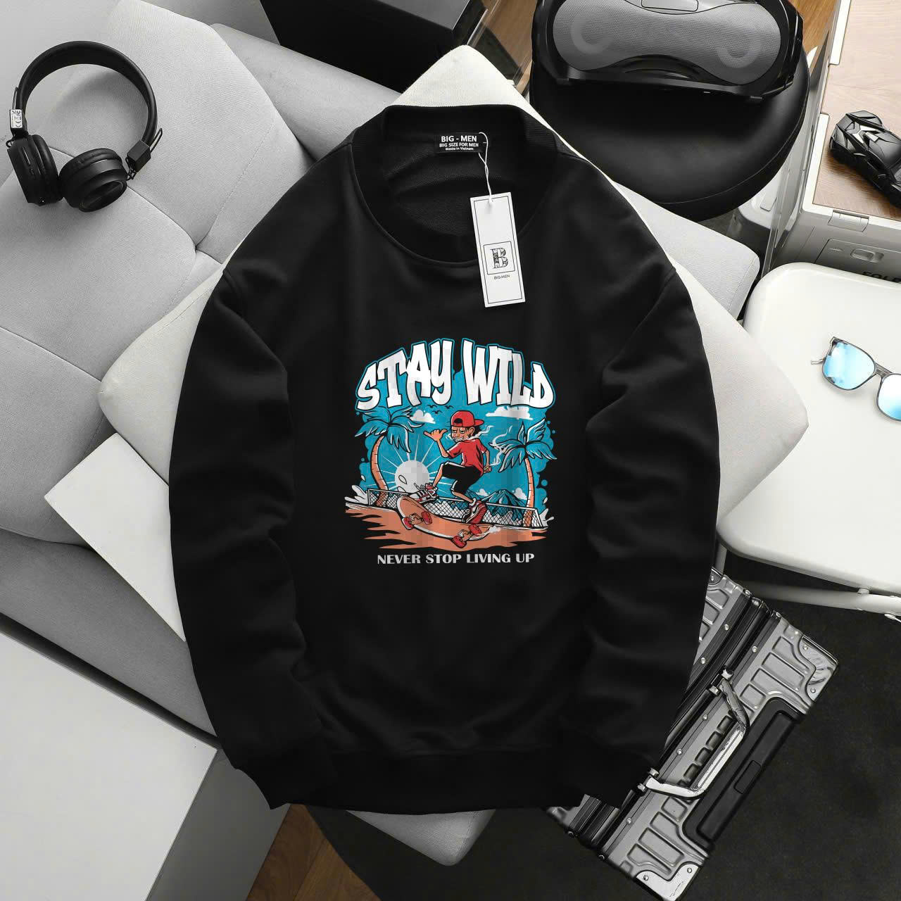 Big Men- Áo khoác sweater chất vải nỉ in hình Stay Wild thời trang thu đông bigsize <130 kg