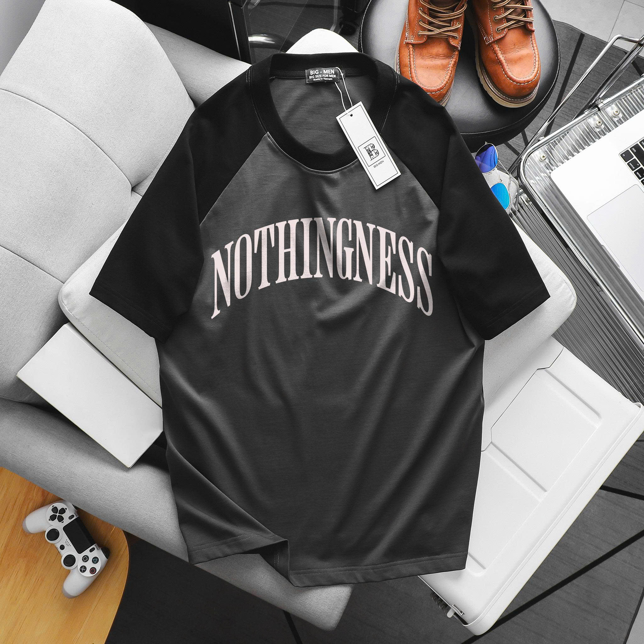 Big Men- Áo thun cotton raplan phối tay cá tính in chữ Nothingness bigsize nam 85- 135 kg - Ảnh 2
