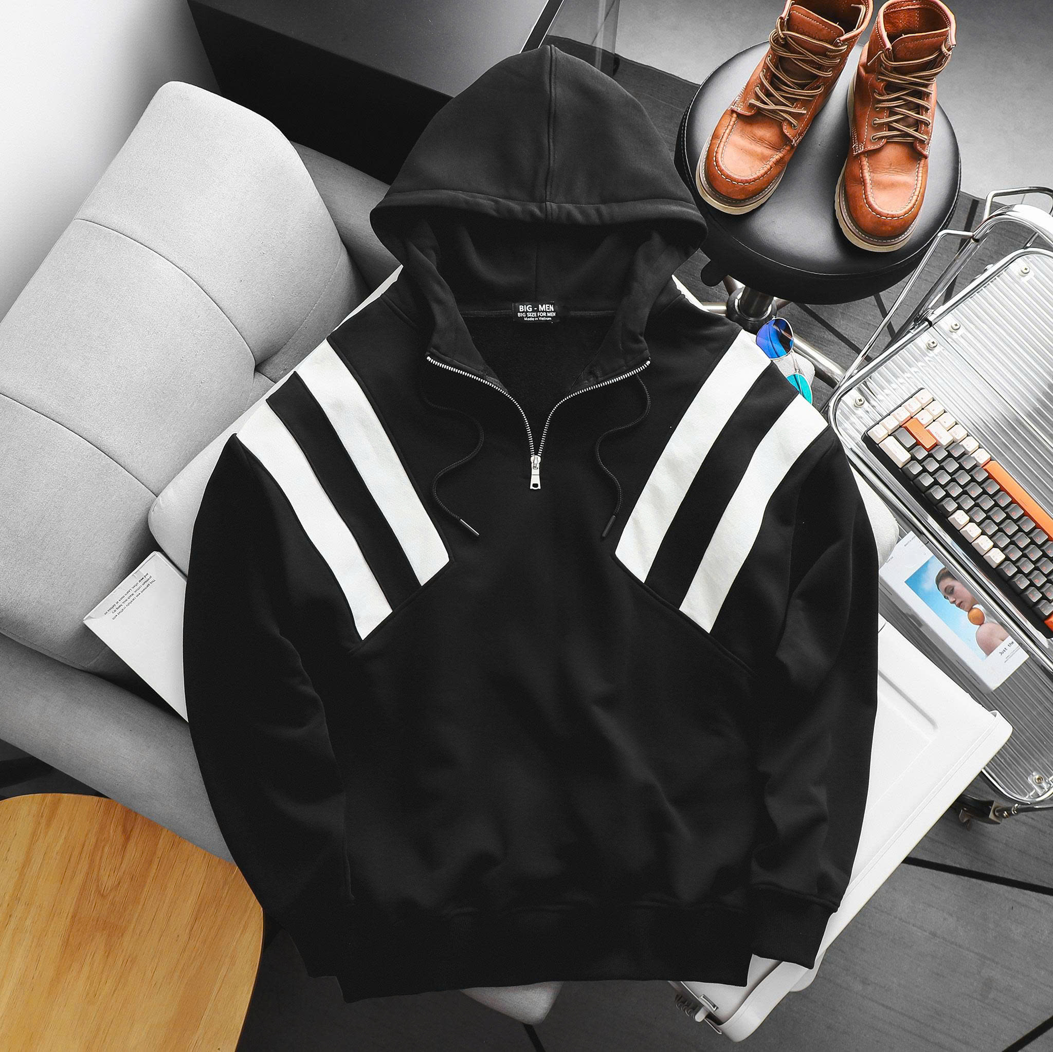 Big Men- Áo khoác hoodie dây kéo chất nỉ phối sọc thời trang cá tính bigsize nam< 140 kg - Ảnh 2