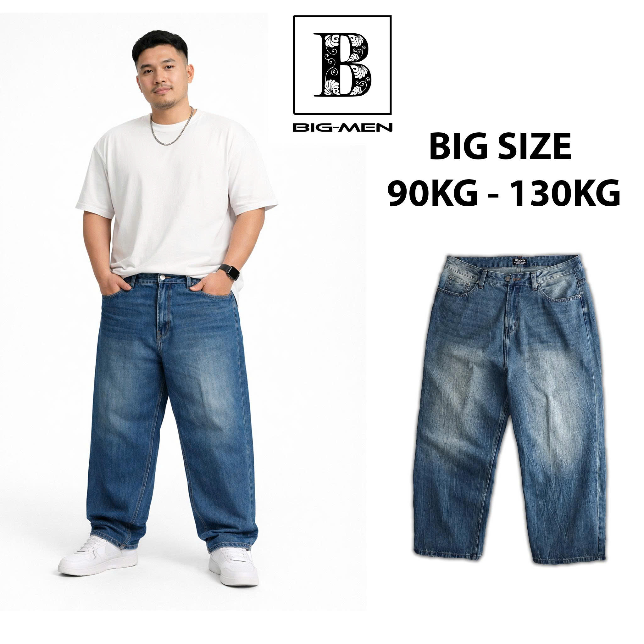 Quần jean big size nam ống rộng màu xanh 01
