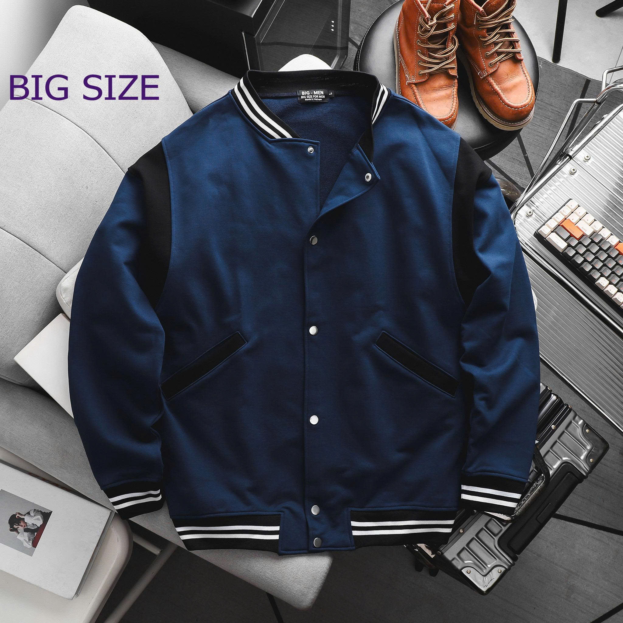Áo khoác bomber vải nỉ cua phối sọc cá tính bigsize nam < 140kg