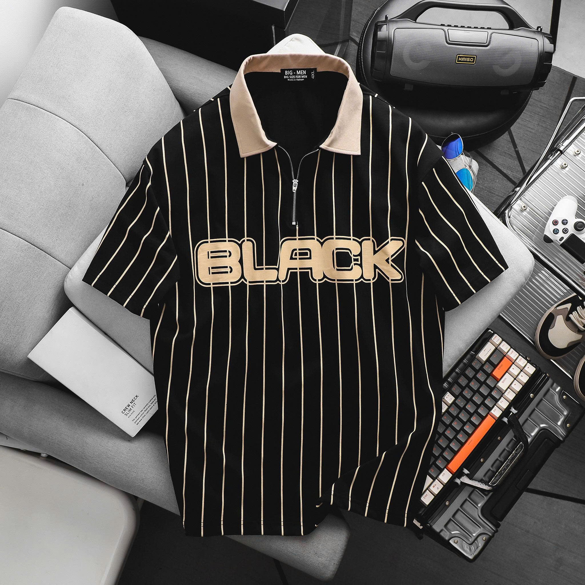 Áo thun polo chất vải cotton họa tiết sọc dọc Black thời trang bigsize nam 85- 135 kg - Ảnh 2