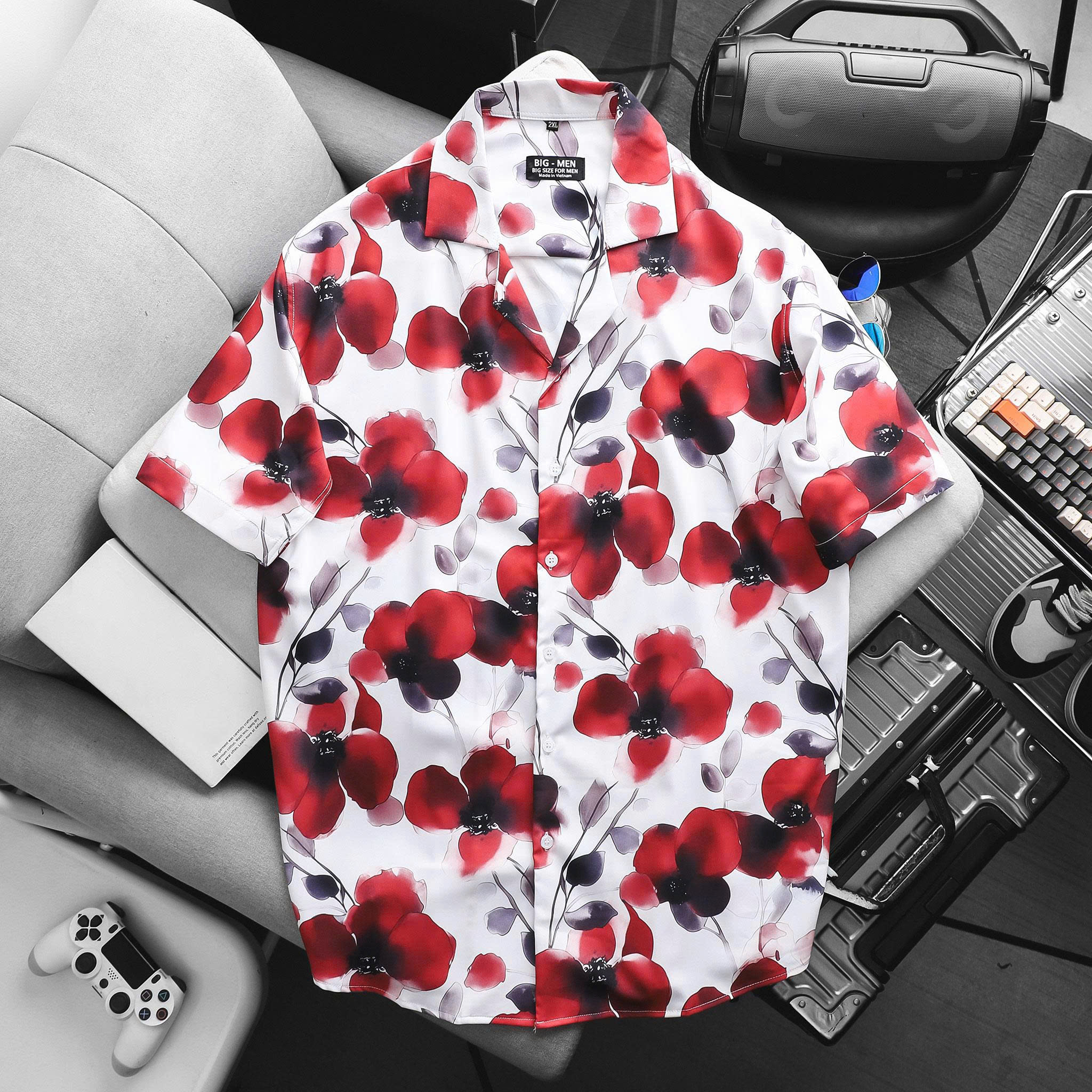 Áo sơ mi tay ngắn cổ đan tông/ cổ vest họa tiết hoa thời trang bigsize nam < 140kg - Ảnh 2