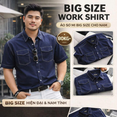 BIG MEN- Áo sơ mi tay ngắn bigsize nam vải mango xanh đen viền chỉ nổi bật phong cách trẻ trung thời trang Big Men