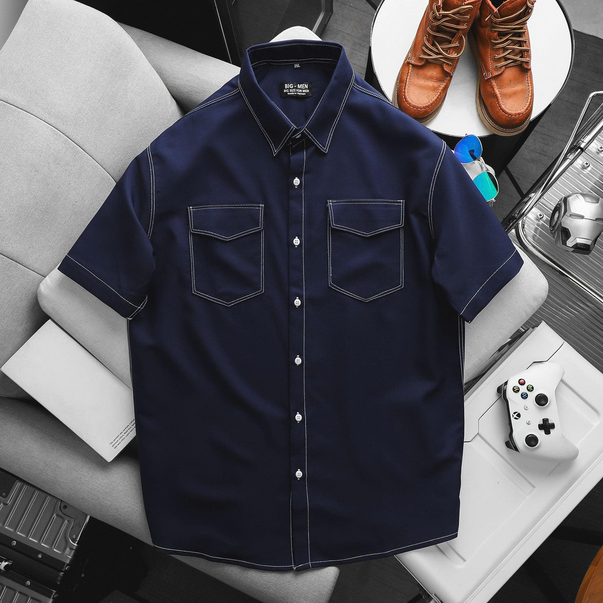 BIG MEN- Áo sơ mi tay ngắn bigsize nam vải mango xanh đen viền chỉ nổi bật phong cách trẻ trung thời trang Big Men - Ảnh 2