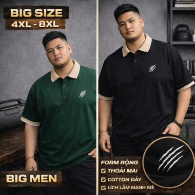 BIG MEN- Áo thun polo cotton phối cổ màu vàng in CÀO basic thời trang bigsize nam 85- 135kg