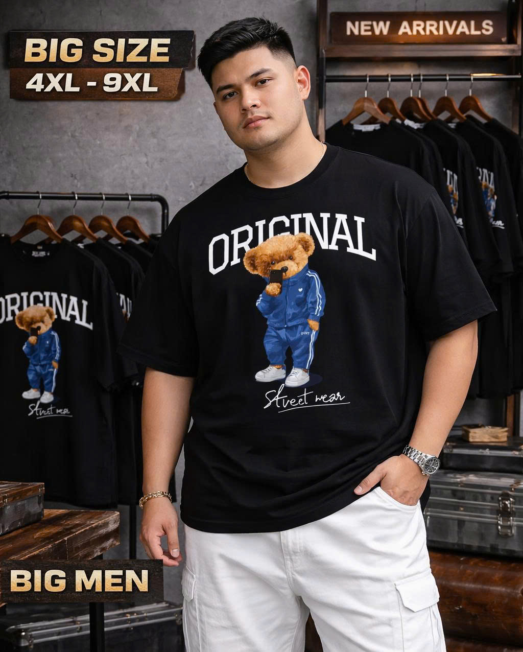 BIG MEN- Áo thun cotton in họa tiết GẤU ORIGINAL thời trang bigsize nam 85- 145kg