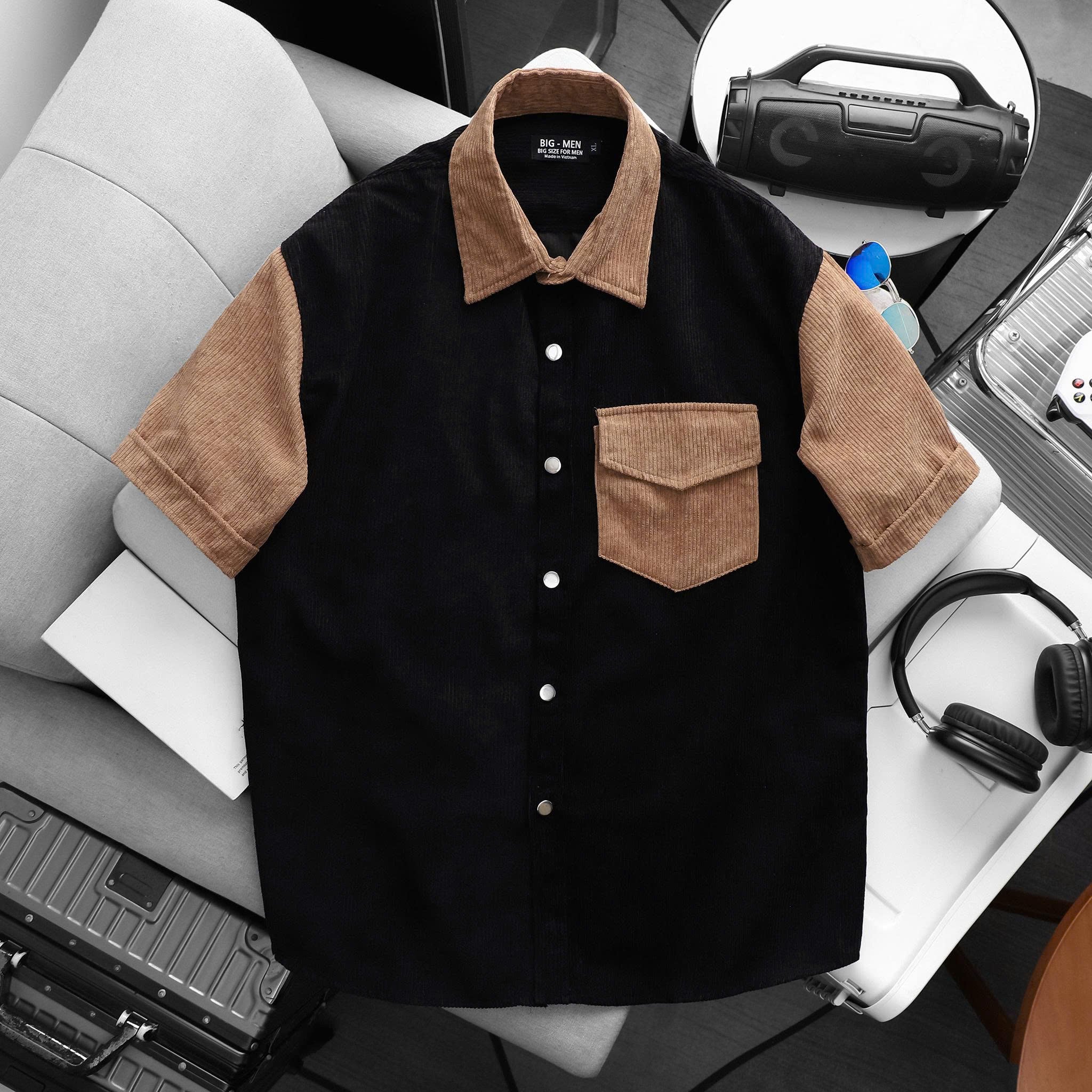 BIG MEN - Áo sơ mi tay ngắn chất vải nhung tăm phối màu bigsize nam Form To 90- 138 kg- SMTN nhung tăm phối - Ảnh 2