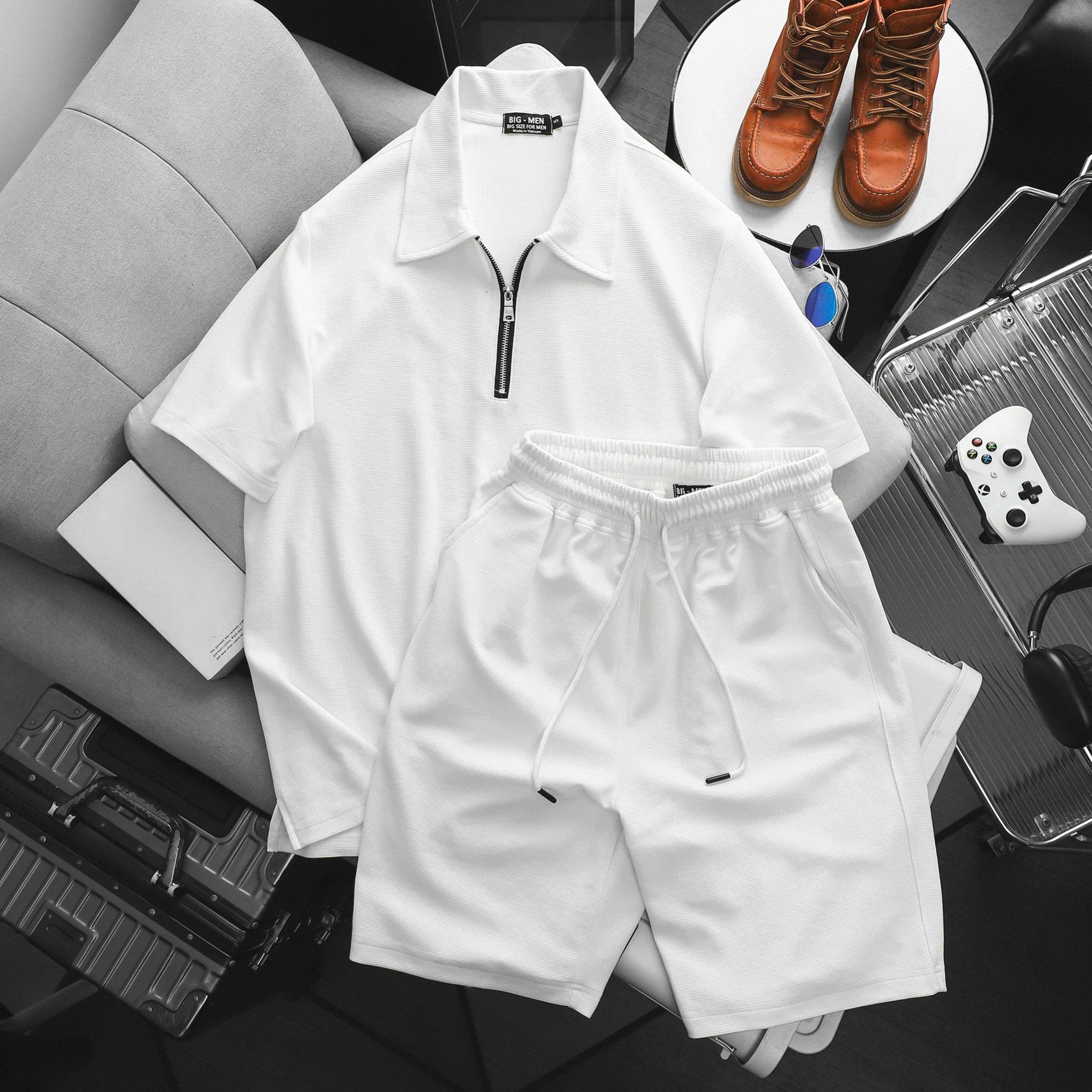 Big Men- Set bộ quần áo polo phối khóa kéo chất vải tổ ong co giãn thời trang bigsize nam 85- 135 kg - màu trắng - Ảnh 2