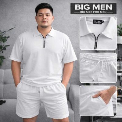 Big Men- Set bộ quần áo polo phối khóa kéo chất vải tổ ong co giãn thời trang bigsize nam 85- 135 kg - màu trắng
