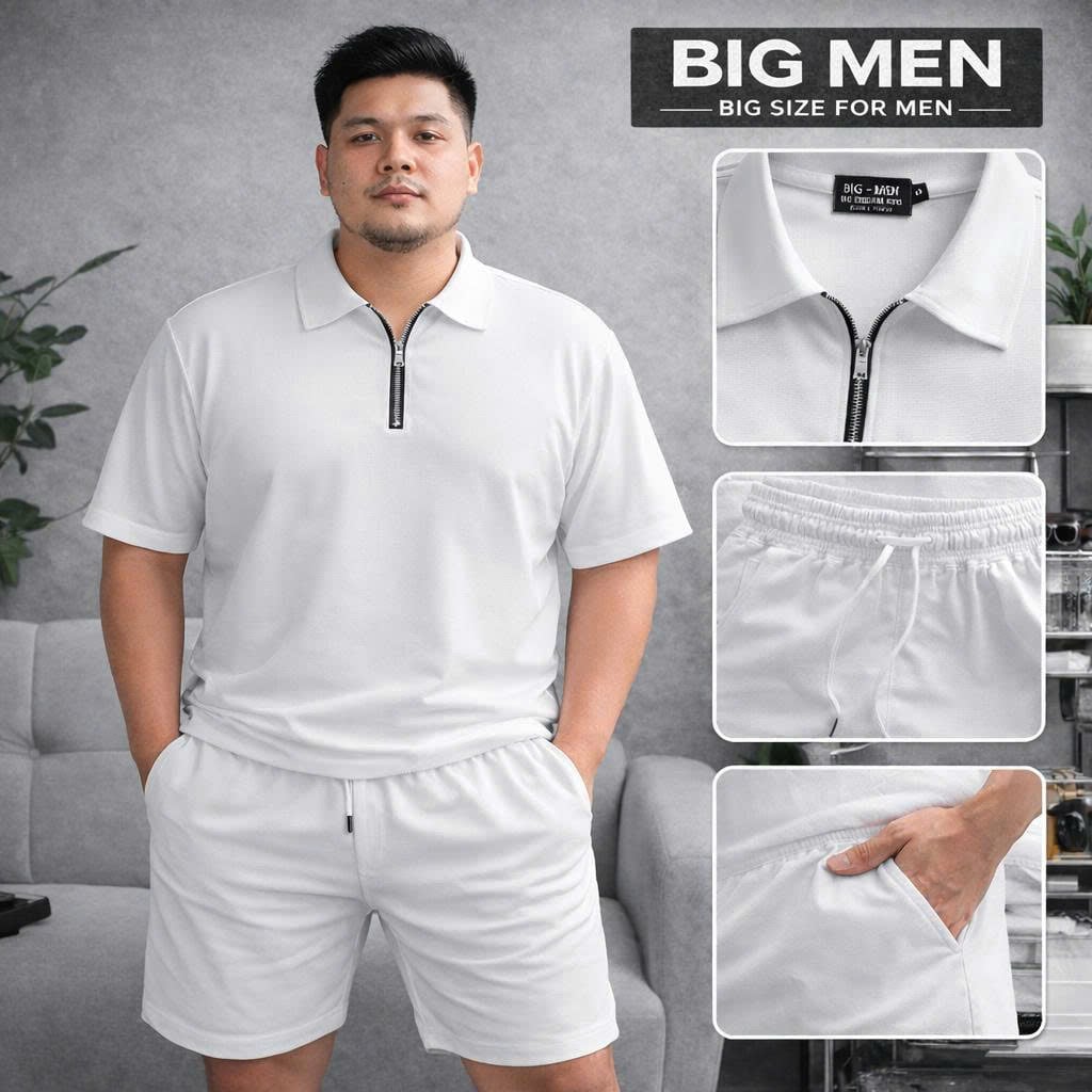 Big Men- Set bộ quần áo polo phối khóa kéo chất vải tổ ong co giãn thời trang bigsize nam 85- 135 kg - màu trắng