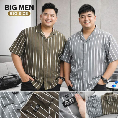 BIG MEN- Áo sơ mi tay ngắn cổ đan tông vải QC họa tiết sọc dọc thời trang nam BIG SIZE 90- 135KG