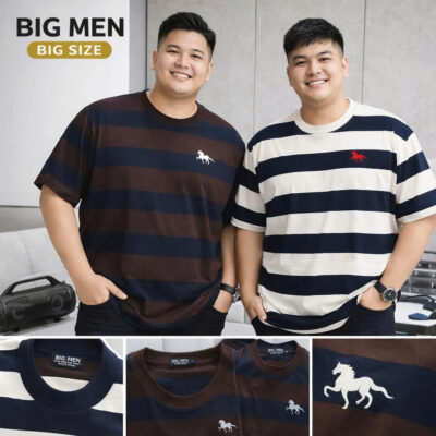 BIG MEN- Áo thun cotton họa tiết sọc ngang thêu ngựa lịch lãm phái mạnh bigsize nam 90- 137kg