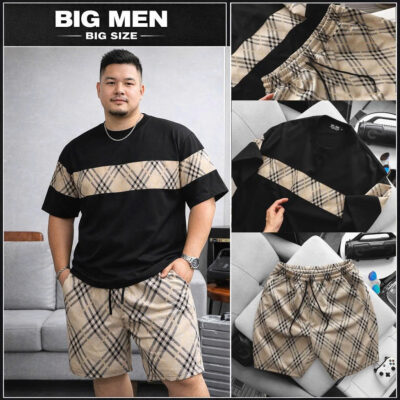 BIG MEN- Set bộ quần áo phối sọc tartan chất vải umi thời trang bigsize nam 85-135kg