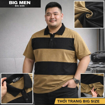 BIG MEN- Áo thun polo cotton màu nâu phối sọc ngang đen thời trang bigsize nam 85- 135kg