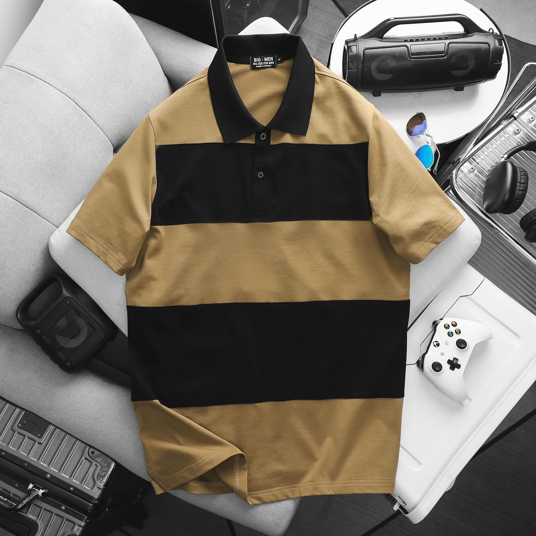 BIG MEN- Áo thun polo cotton màu nâu phối sọc ngang đen thời trang bigsize nam 85- 135kg - Ảnh 2