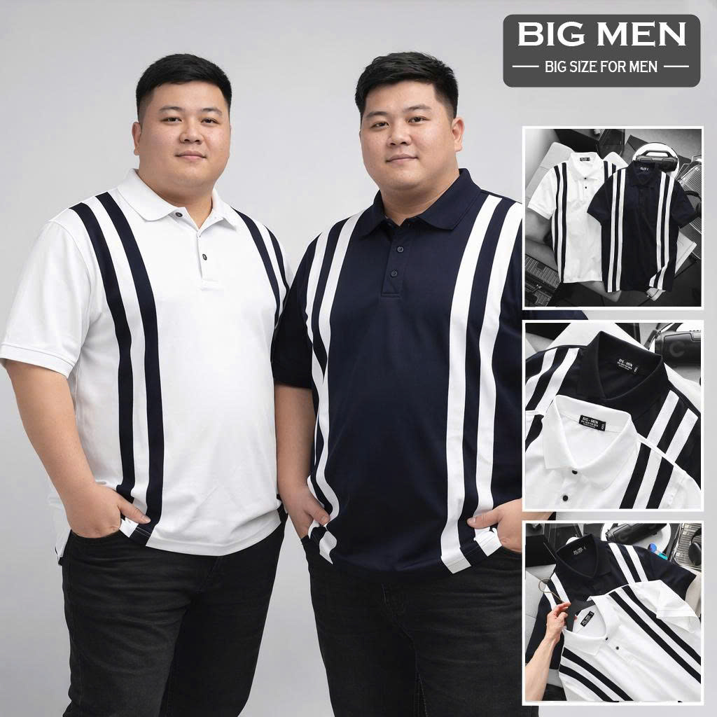 BIG MEN- Áo thun polo vải cotton cá sấu phối sọc kép lịch lãm thời trang bigsize nam 90- 140kg