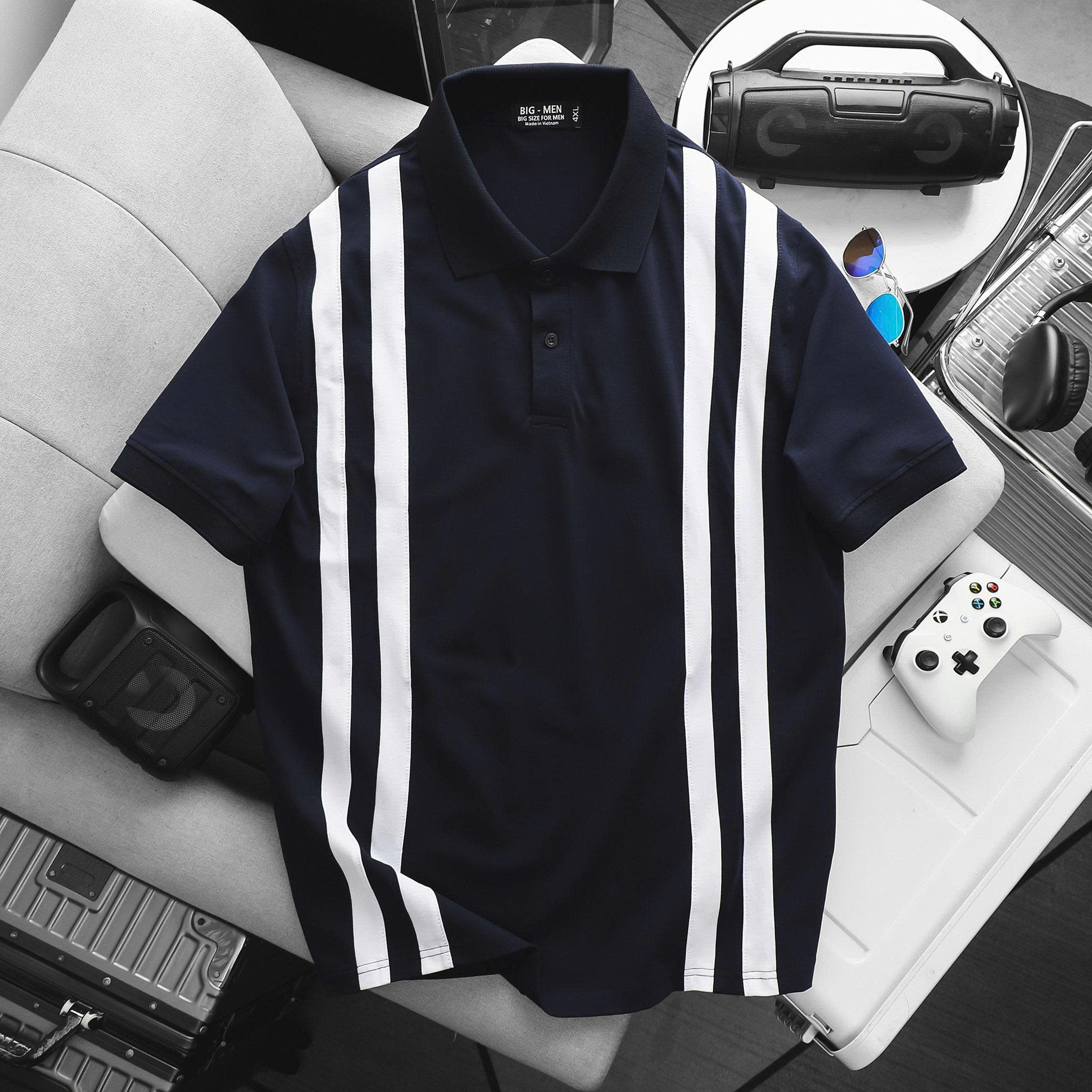 BIG MEN- Áo thun polo vải cotton cá sấu phối sọc kép lịch lãm thời trang bigsize nam 90- 140kg - Ảnh 2