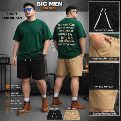 BIG MEN- QUẦN SHORT KAKI NAM PHỐI DÂY RÚT BIG SIZE 85- 130KG _ PHONG CÁCH BỤI BẶM, NAM TÍNH
