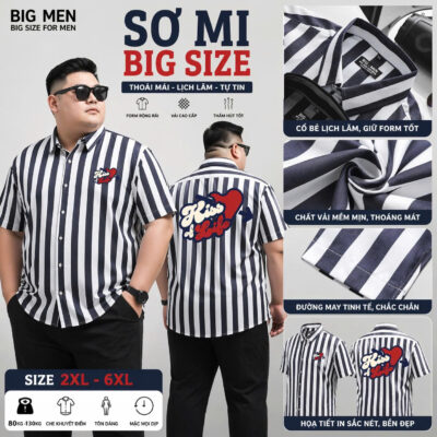 BIG MEN- Áo sơ mi tay ngắn vải QC cao cấp phối kẻ sọc in chữ KISS & LIFE bigsize nam 80- 130 kg