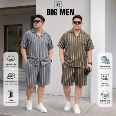 BIG MEN- Set bộ quần áo thời trang vải QC cổ đan tông phối sọc thời thượng BIGSIZE nam 85- 135 kg