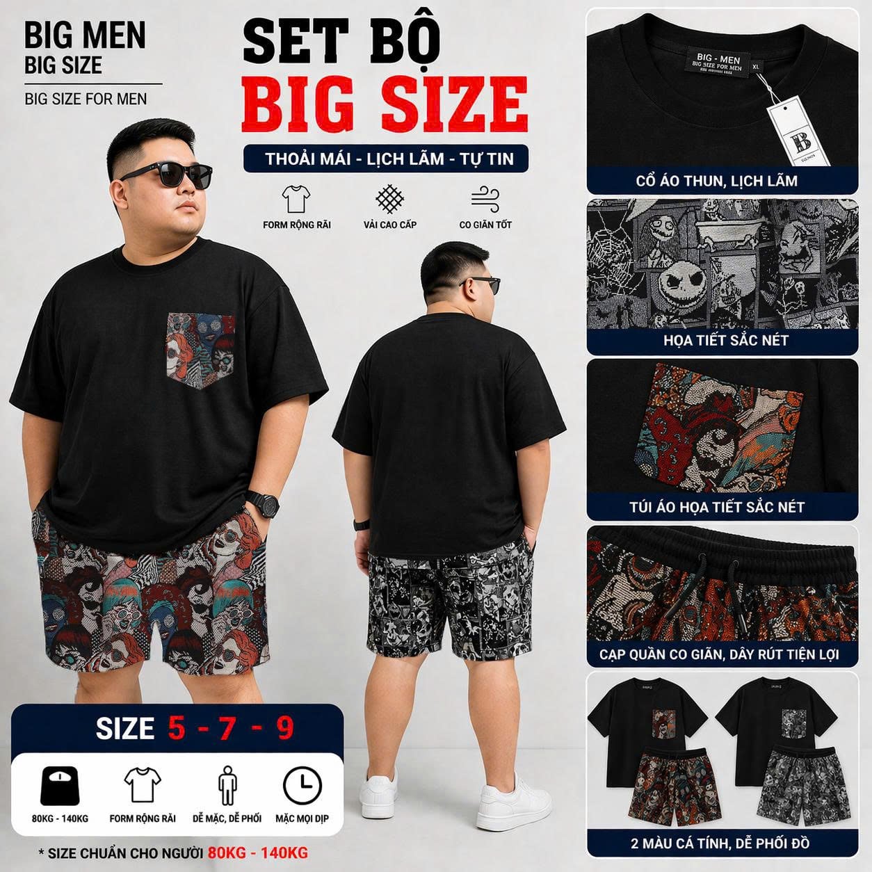 BIG MEN- Set bộ quần áo phối vải jean gấm thời trang bigsize nam 90- 135 kg_ Pop art+ Ký Họa