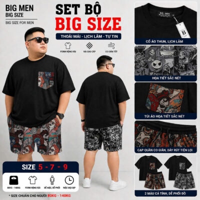 BIG MEN- Set bộ quần áo phối vải jean gấm thời trang bigsize nam 90- 135 kg_ Pop art+ Ký Họa