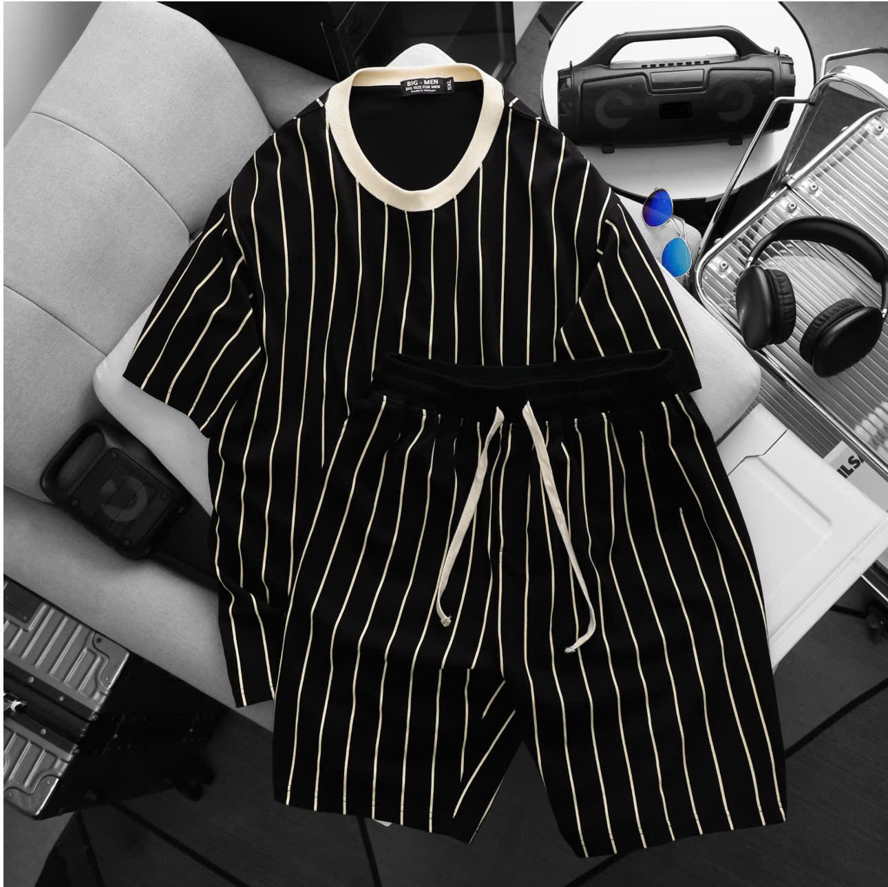 BIG MEN- Set bộ chất vải cotton cổ tròn phối sọc dọc thời trang bigsize nam 85- 135kg