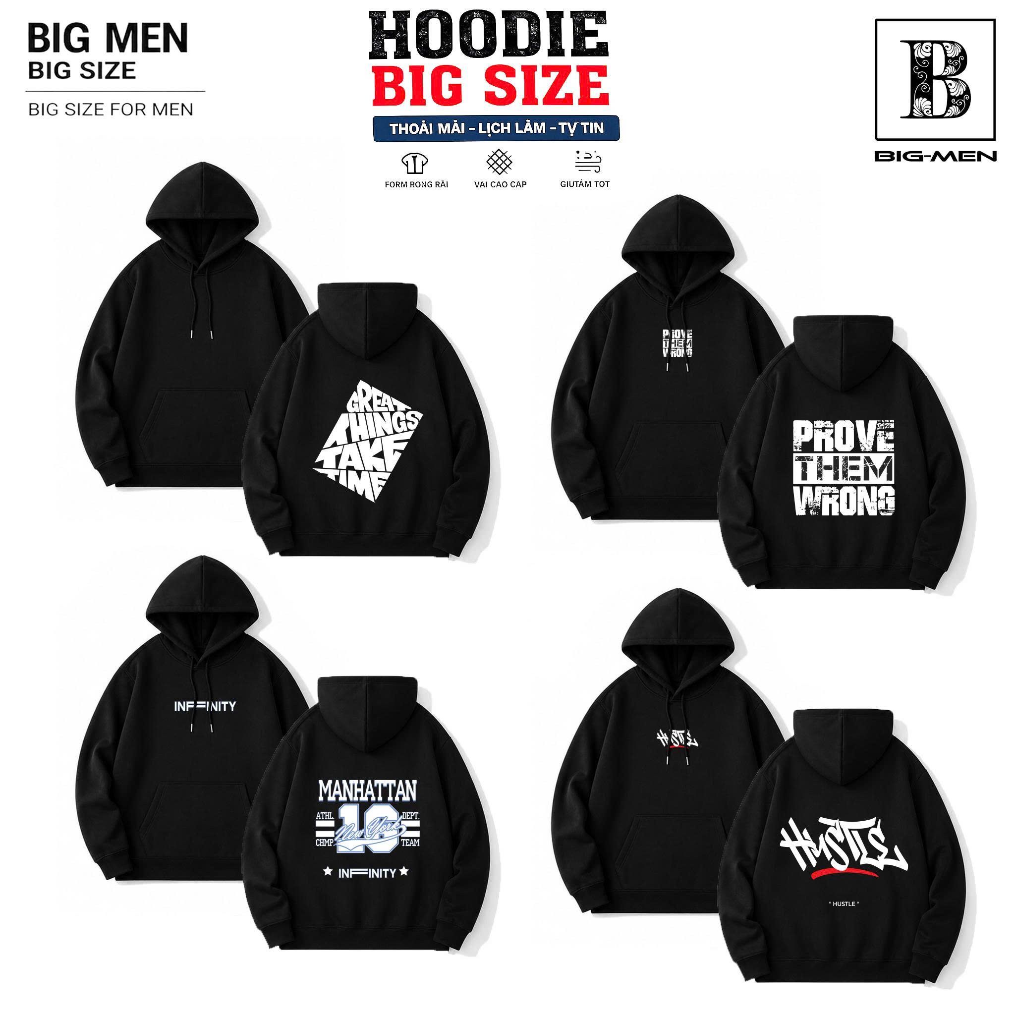 BIG MEN- Áo khoác hoodie chất nỉ cua in chữ thời trang bigsize nam 90- 140kg