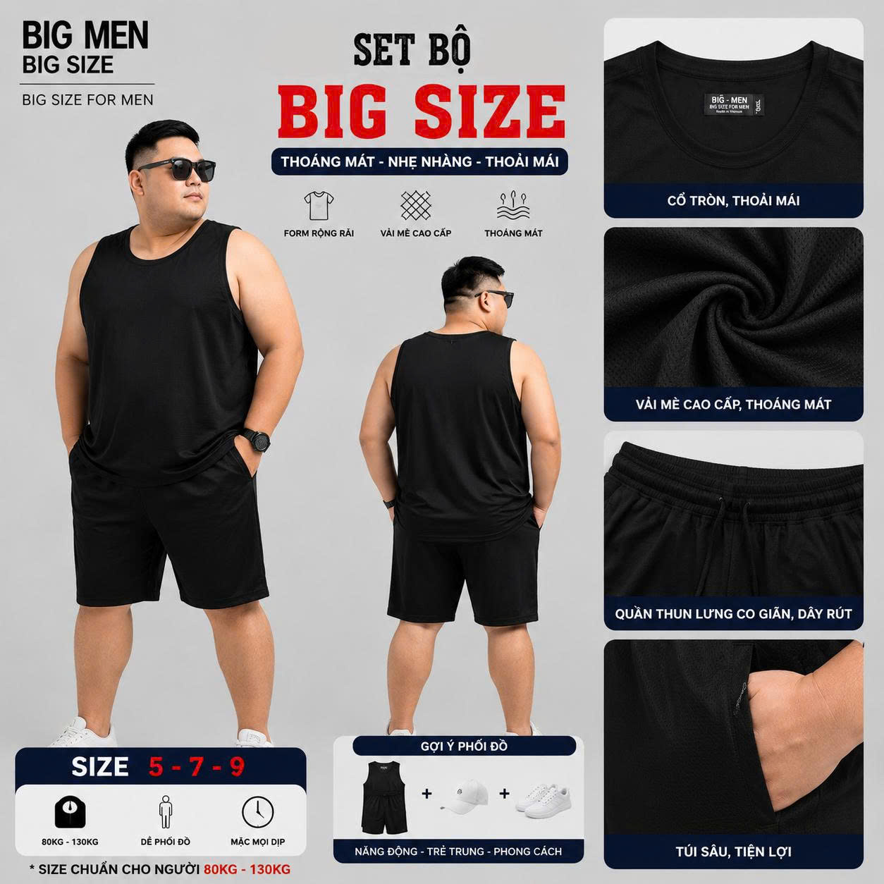 BIG MEN- Set Đồ Nam Thể Thao Big Size Nam – Set Áo Ba Lỗ & Quần Short Vải Mè Thoáng Mát (90kg - 135kg)