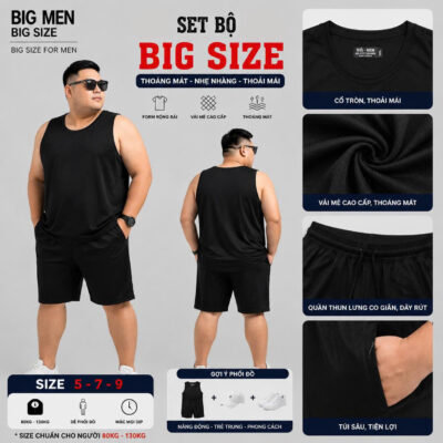 BIG MEN- Set Đồ Nam Thể Thao Big Size Nam – Set Áo Ba Lỗ & Quần Short Vải Mè Thoáng Mát (90kg - 135kg)