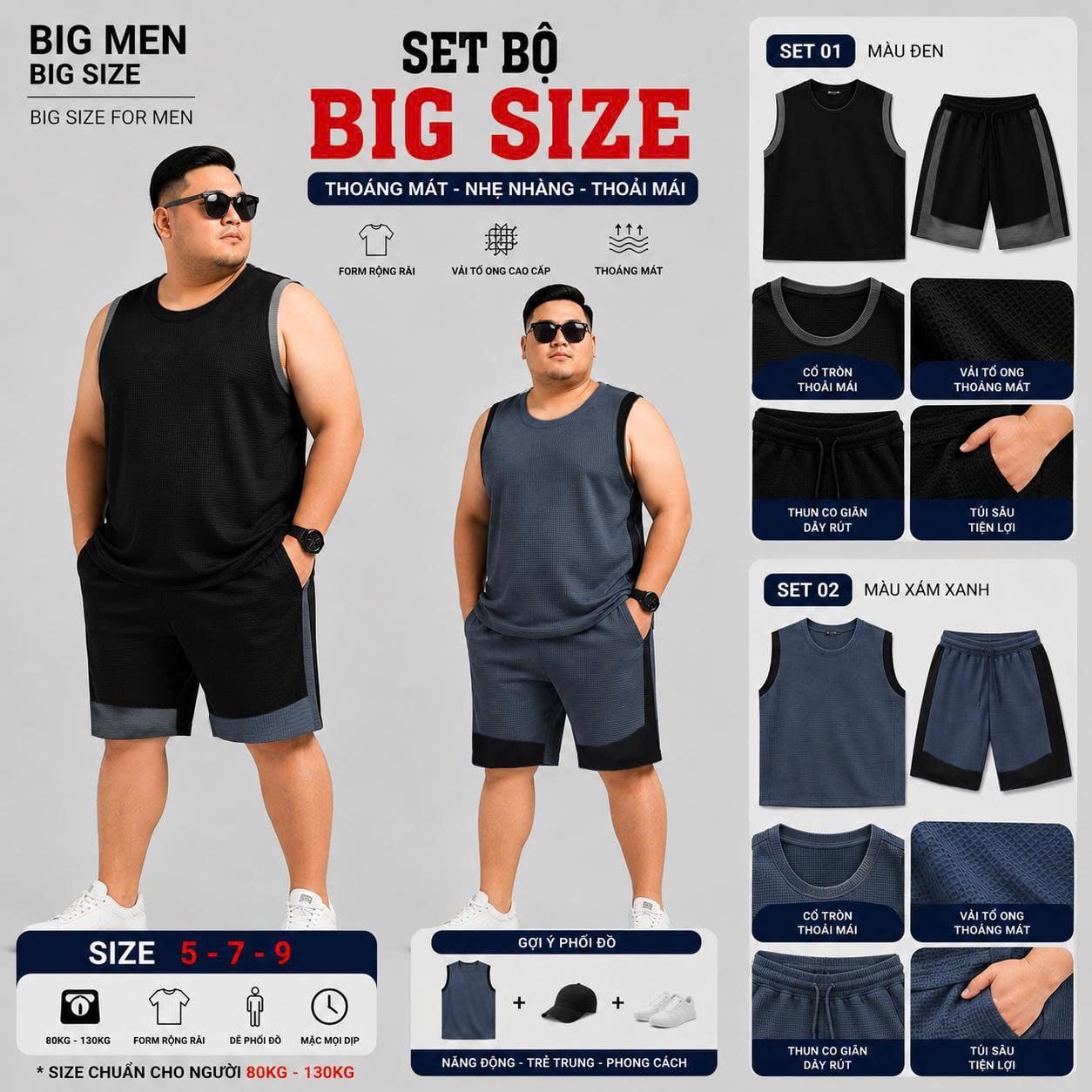 BIG MEN- Set Bộ Ba Lỗ Bigsize Nam – Vải Tổ Ong Phối Viền Thời Trang Thoáng Khí (85kg - 130kg)