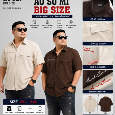 BIG MEN- Áo sơ mi tay ngắn vải polyester sọc tre thêu phối túi thời trang bigsize nam 90- 138 kg