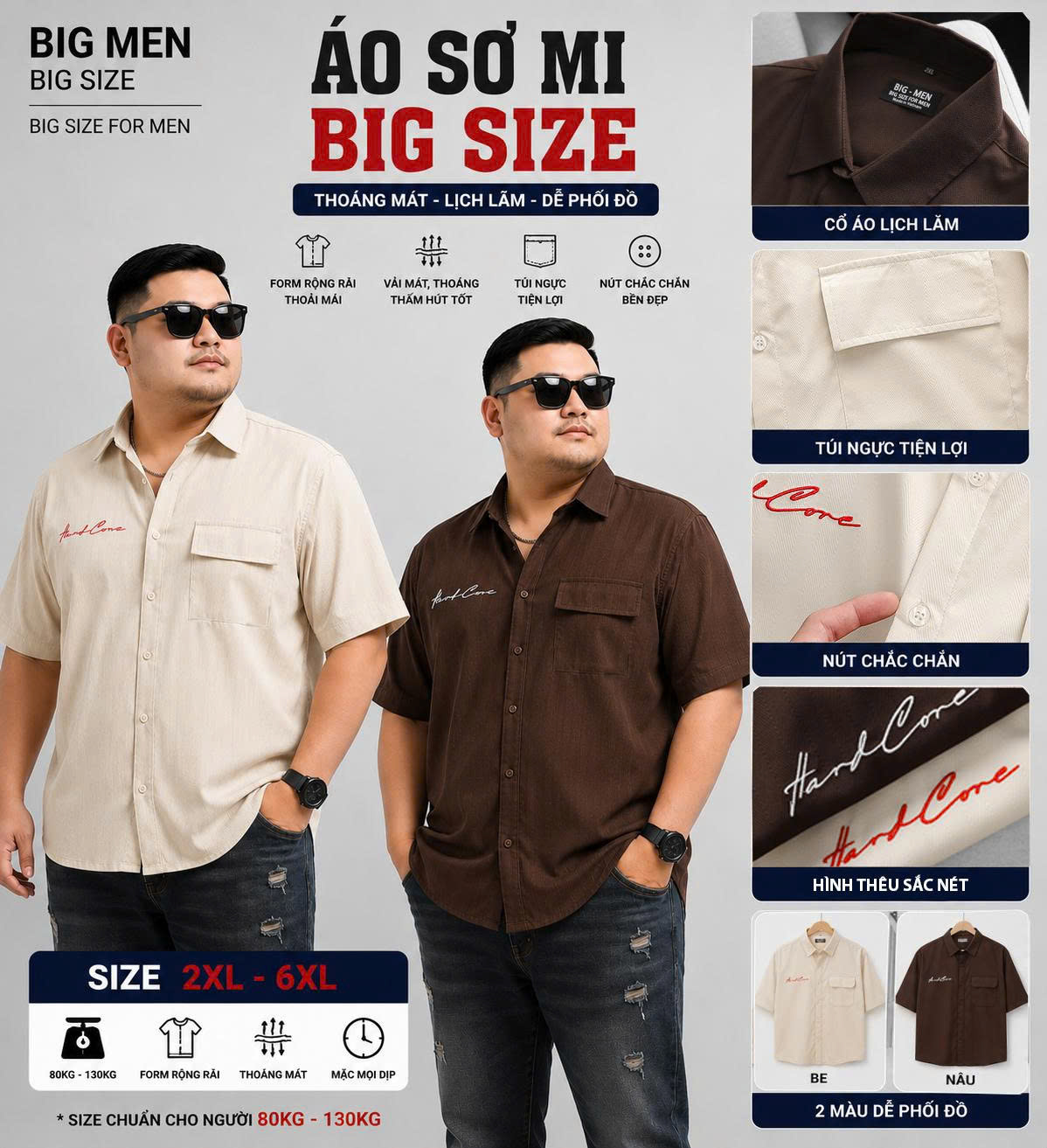 BIG MEN- Áo sơ mi tay ngắn vải polyester sọc tre thêu phối túi thời trang bigsize nam 90- 138 kg